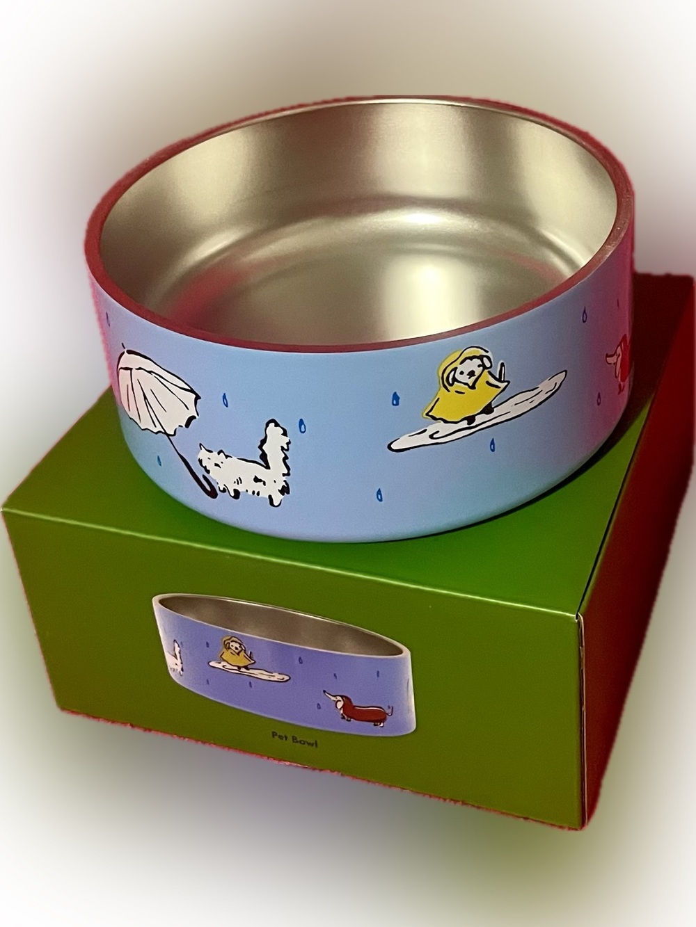 kate spade Blue and Gold Raining Cats & Dogs Pet Bowl